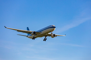 Fototapeta na wymiar Passenger plane flying in the blue sky in sunlight rays