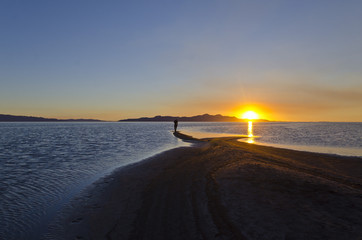 A solo man out on the sand bar of the great salt lake in the utah sun.