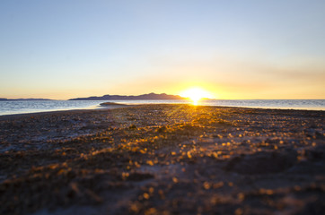 The long beautiful sunset of the great salt lake on a summer evening. 