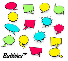 Vector Colored Empty comic Collection Trendy Cloud pop art comic box. Set of message bubble speech cartoon expression illustration. Comics book background template