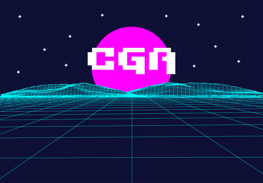 Vector Retro Futurism Old VHS Style Landscape 1980s Style. Digital retro Landscape Planet Cyber surface. Retro Futuristic Gaming or Music Album Cover. 