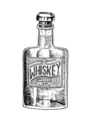 Vintage Whiskey bottle with label. American badge. Alcoholic Label with calligraphic elements. Hand drawn engraved sketch lettering for t-shirt. Classic frame for bottle poster banner.