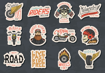 Biker club stickers templates. Vintage custom Motorcycle and skull emblems, labels badges for t shirt. Monochrome retro style. Classic sport motorbike with racing gasoline. Hand drawn engraved sketch.