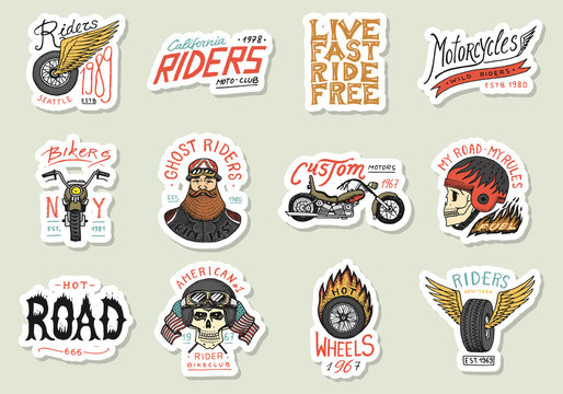 Biker club stickers templates. Vintage custom Motorcycle and skull emblems, labels badges for t shirt. Monochrome retro style. Classic sport motorbike with racing gasoline. Hand drawn engraved sketch.