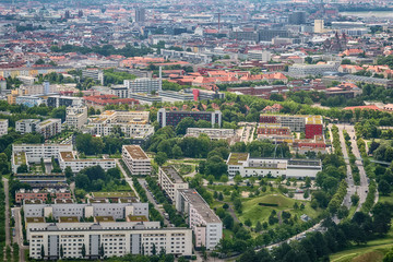 Munich, Germany June 09, 2018: Munich city from above. Panorama of the city of Munich. High angle view over Munich. 