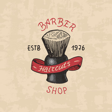 Barbershop badge label logo. Brush emblem for signboard Haircut of beard and mustache. Engraved hand drawn in old vintage sketch. Modern Lettering