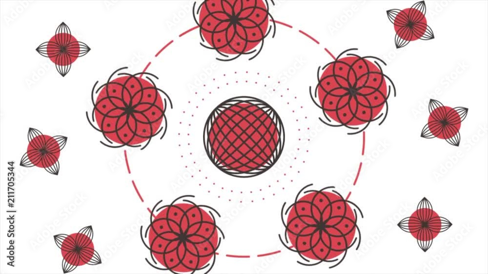 Poster abstract orange waving grid or mesh of pulsating geometric objects, flowers. abstract red waving gri