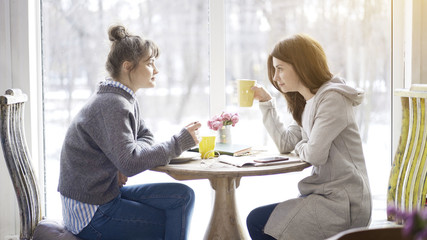 Two brunette caucasian female white friends having a conversation in a cafe drinking coffee tea eating salad