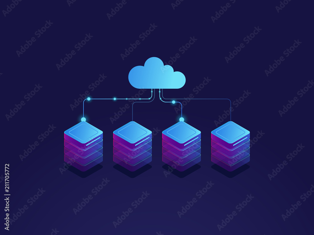 Wall mural server room, cloud storage icon, datacenter and database concept, data exchange process isometric