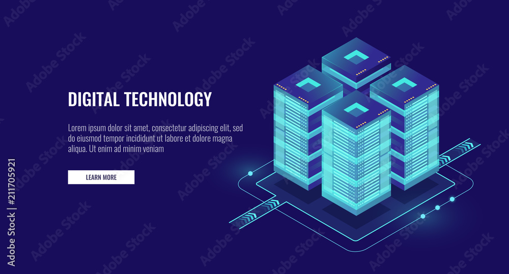 Wall mural server room isometric vector, futuristic technology of data protection and processing, networking an