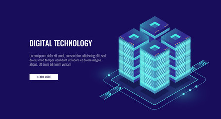 Server room isometric vector, futuristic technology of data protection and processing, networking and web hosting banner