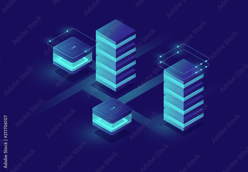 Wall mural concept of smart urban city with server room and database icons, data center and database, big data 