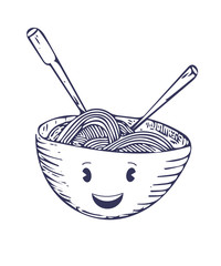 Vector Linear Illustration: cute funny ramen noodle bowl face isolated.