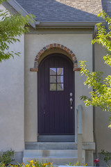 Brown front door entry with arch and stone