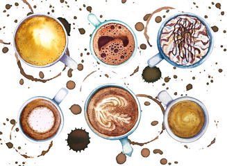 Watercolor cups of coffee with coffee circles and splashes around, top view.
