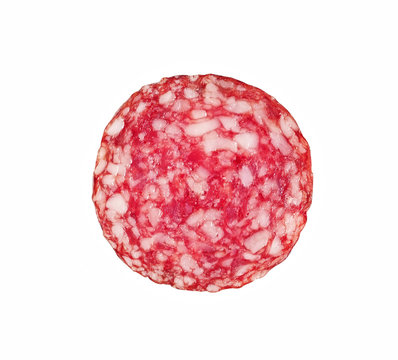 .Slices of salami. Isolated on a white background. sausage cut.uncooked smoked..
