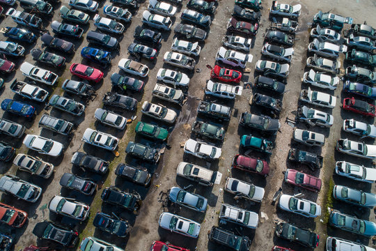 Aerial image of a junk yard for cars