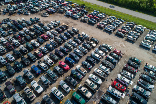 Aerial drone photo junk yard for cars automobile