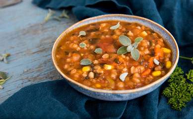 Hearty Bean Mix Soup in Blue Bowl