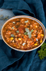 Hearty Bean Mix Soup in Blue Bowl