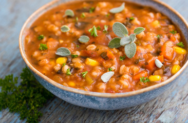Hearty Bean Mix Soup in Blue Bowl