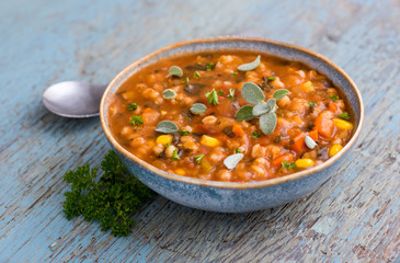 Hearty Bean Mix Soup in Blue Bowl