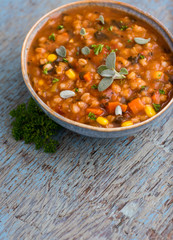 Hearty Bean Mix Soup in Blue Bowl