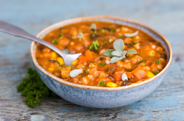 Hearty Bean Mix Soup in Blue Bowl