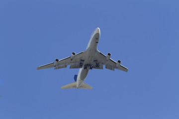 bottom view of an aircraft with the landing gear down..