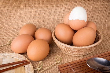 Set Eggs in a basket on  gunny (sackcloth)  background