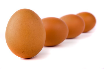 Five eggs are isolated on a white background