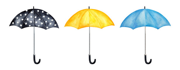 Fototapeta Collection of different cheerful umbrellas. Classic design, bright colours, metal handles, side view. Handdrawn watercolour sketchy paint on white background, cut out clipart elements for decoration. obraz
