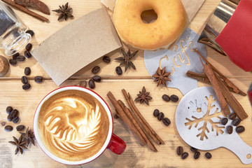 Cup of coffee and christmas  on wooden table