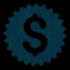 Halftone Bank seal composition icon of spheric bubbles in blue color tinges on a black background. Vector round spheres are grouped into bank seal composition.