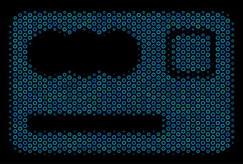 Halftone Banking card mosaic icon of circle bubbles in blue color hues on a black background. Vector contour donuts are organized into banking card mosaic.