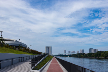 (東京都ｰ都市風景)豊洲ぐるり公園沿いの川と歩道１