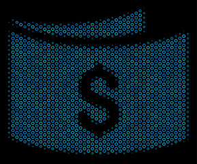 Halftone Banknotes composition icon of empty circles in blue color hues on a black background. Vector empty circles are combined into banknotes mosaic.