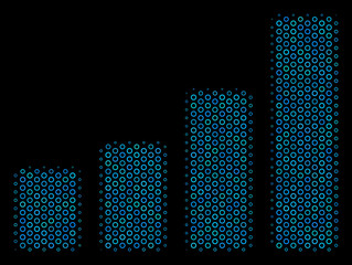Halftone Bar chart collage icon of circle bubbles in blue color tinges on a black background. Vector circle items are arranged into bar chart collage.