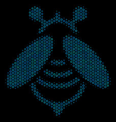 Halftone Bee mosaic icon of empty circles in blue color hues on a black background. Vector empty circles are composed into bee collage.