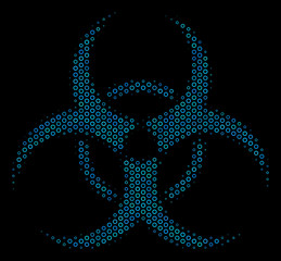 Halftone Biohazard composition icon of spheres in blue color tints on a black background. Vector round spheres are organized into biohazard composition.