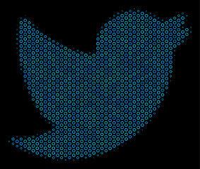 Halftone Bird composition icon of spheric bubbles in blue shades on a black background. Vector spheric points are grouped into bird composition.