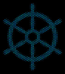 Halftone Boat steering wheel mosaic icon of spheres in blue color hues on a black background. Vector round spheres are united into boat steering wheel mosaic.