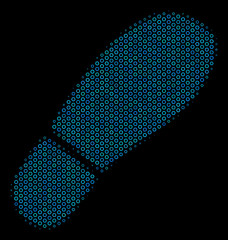 Halftone Boot footprint composition icon of empty circles in blue color tones on a black background. Vector bubble spheres are composed into boot footprint illustration.