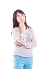 Young asian beautiful girl standing and smiles over white background