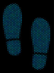 Halftone Boot footprints composition icon of spheric bubbles in blue shades on a black background. Vector spheric dots are composed into boot footprints composition.