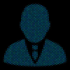 Halftone Boss mosaic icon of spheres in blue color tinges on a black background. Vector round donuts are united into boss mosaic.