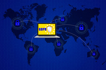 Padlock over world map and symbolizing the EU General Data Protection Regulation or GDPR. Designed to harmonize data privacy laws across Europe.