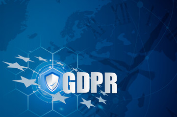 Protection shield and Icon lock over EU flag inside, EU map, symbolizing the EU General Data Protection Regulation or GDPR. Designed to harmonize data privacy laws across Europe.