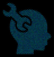 Halftone Brain service wrench mosaic icon of empty circles in blue color tinges on a black background. Vector empty circles are composed into brain service wrench composition.