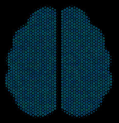 Halftone Brain composition icon of empty circles in blue color tones on a black background. Vector empty circles are combined into brain mosaic.
